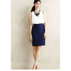 Maeve Anthropologie White Navy Blue Split Back Ruched Sheath Mini Dress Size 6